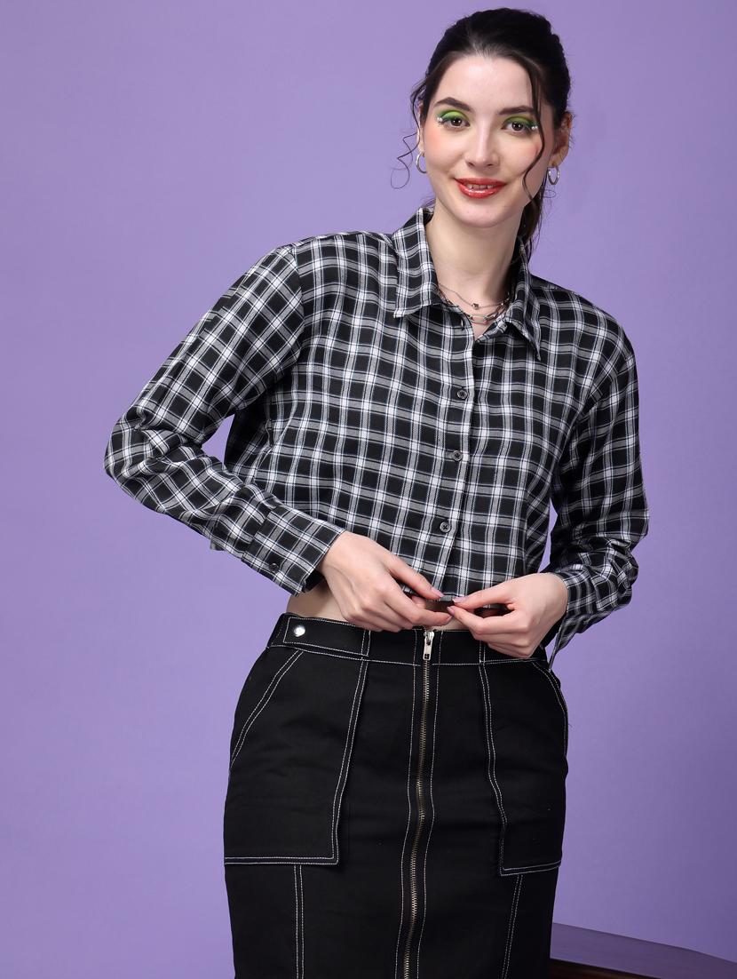 women checkered collared crop shirt - 21525803 - Zoom Image - 0