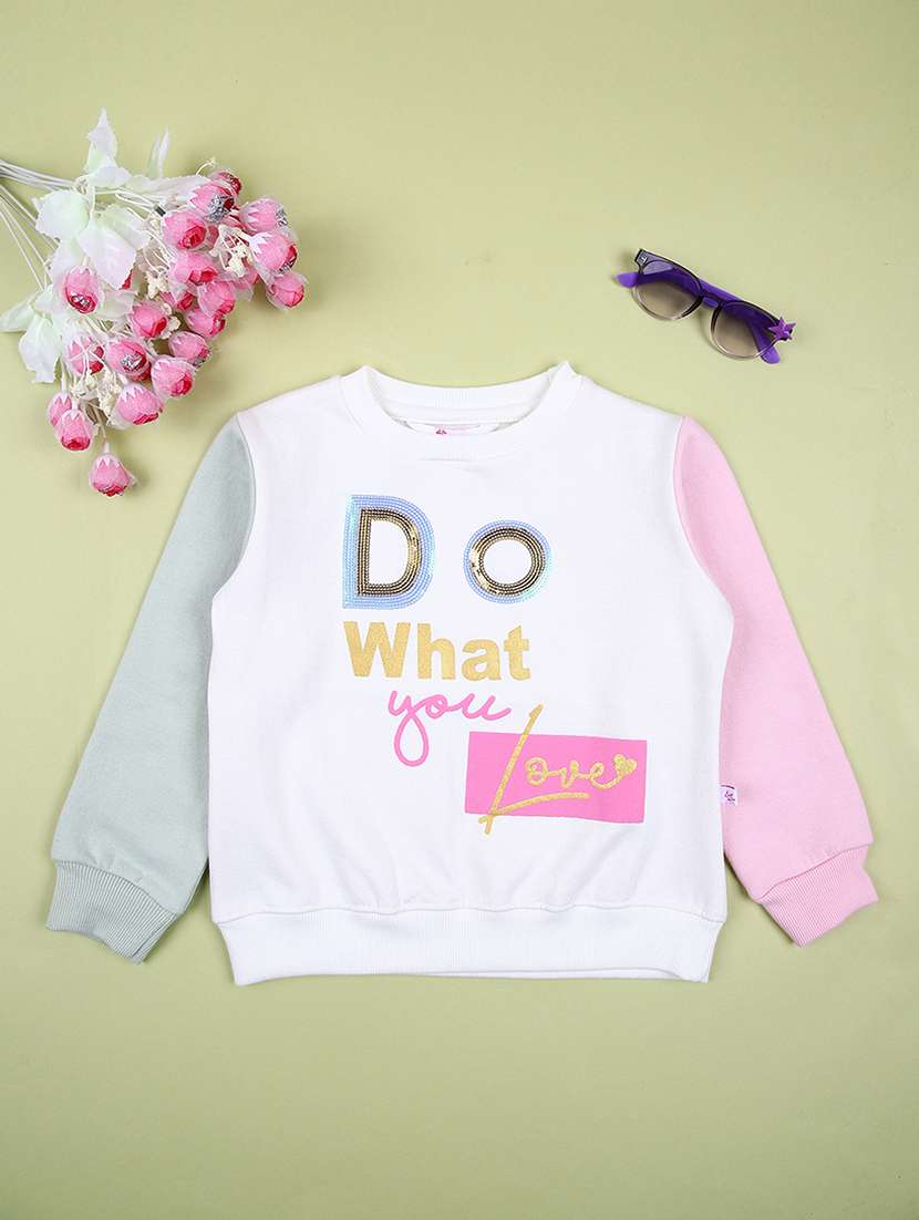 girls white front print long sleeve sweathirts