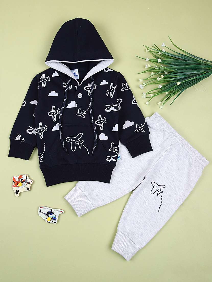 boys navy blue printed full length sets