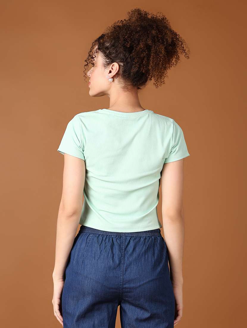 women solid round neck crop t-shirt - 21527386 -  Standard Image - 3