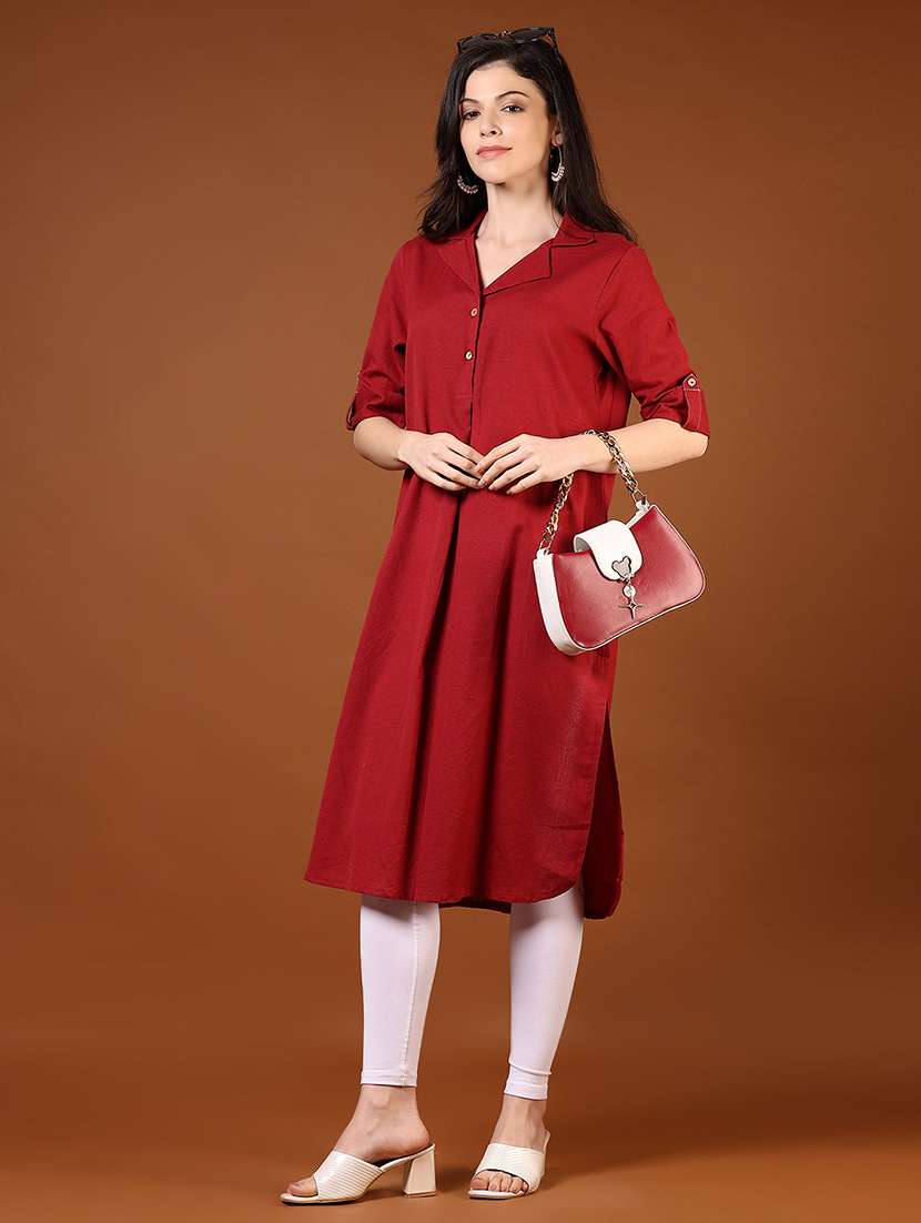 women solid roll-up sleeves straight kurta - 21527400 -  Standard Image - 3