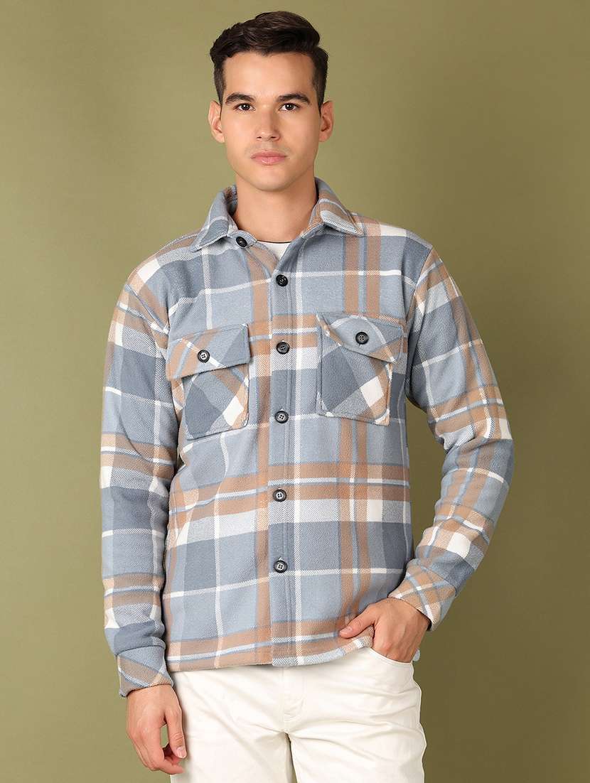 men grey checks long sleeve shacket