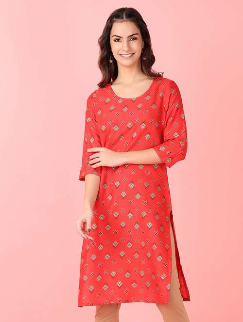 women three quarter sleeve straight kurta - 21527436 -  Standard Image - 0