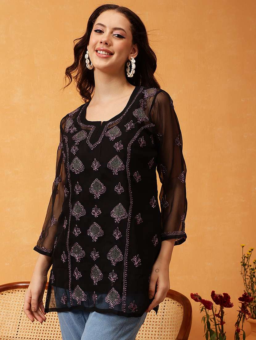 women notch neck chikankari straight kurti
