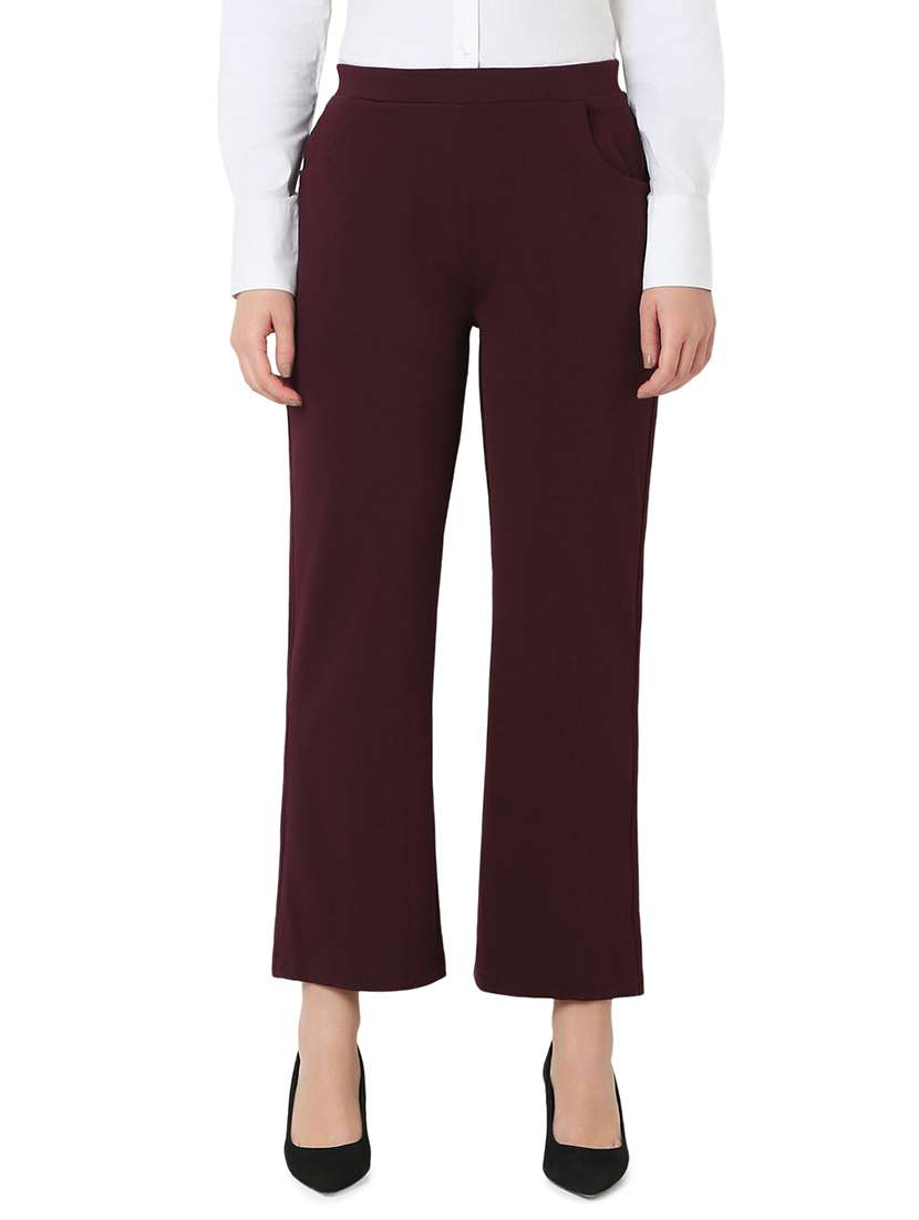 women burgundy cotton lycra tailored trouser