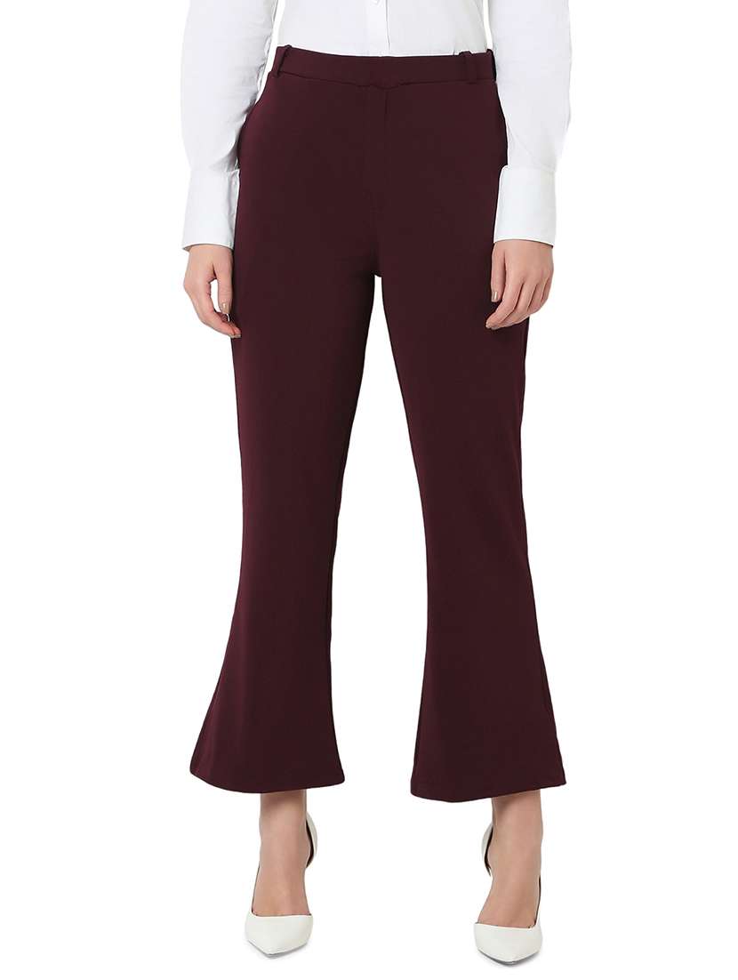 women burgundy cotton lycra bootcut trouser