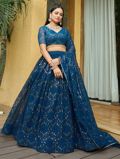 women navy blue flared lehenga