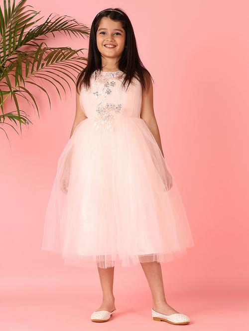girls peach sequined work round neck frock - 21528244 - Standard Image - 0