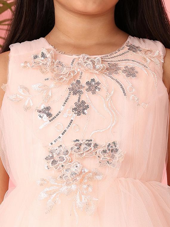 girls peach sequined work round neck frock - 21528244 - Standard Image - 5