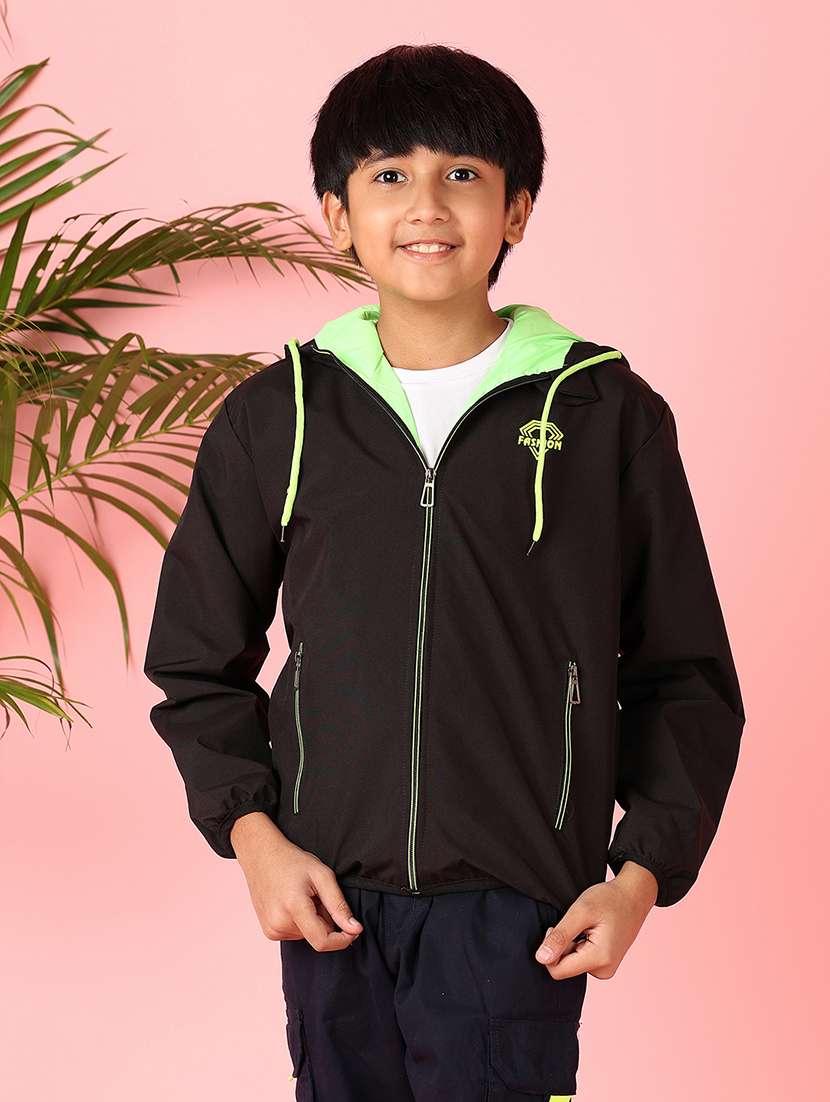 boys black solid long sleeve hooded jackets