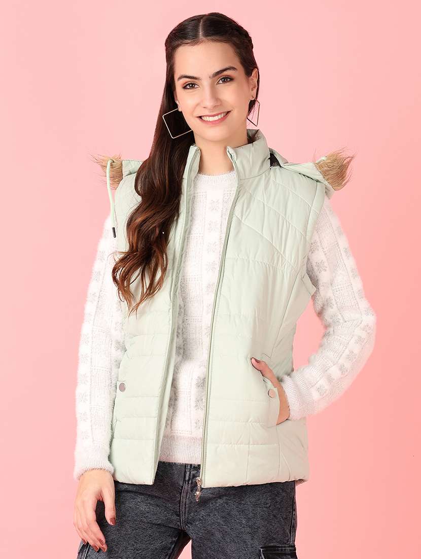 women solid sleeveless quilted hooded jacket - 21528763 -  Zoom Image - 0