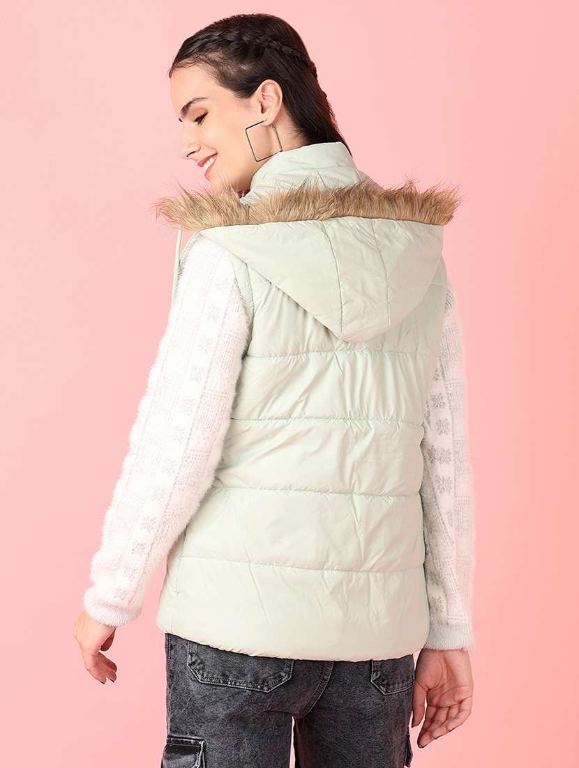 women solid sleeveless quilted hooded jacket - 21528763 -  Standard Image - 3