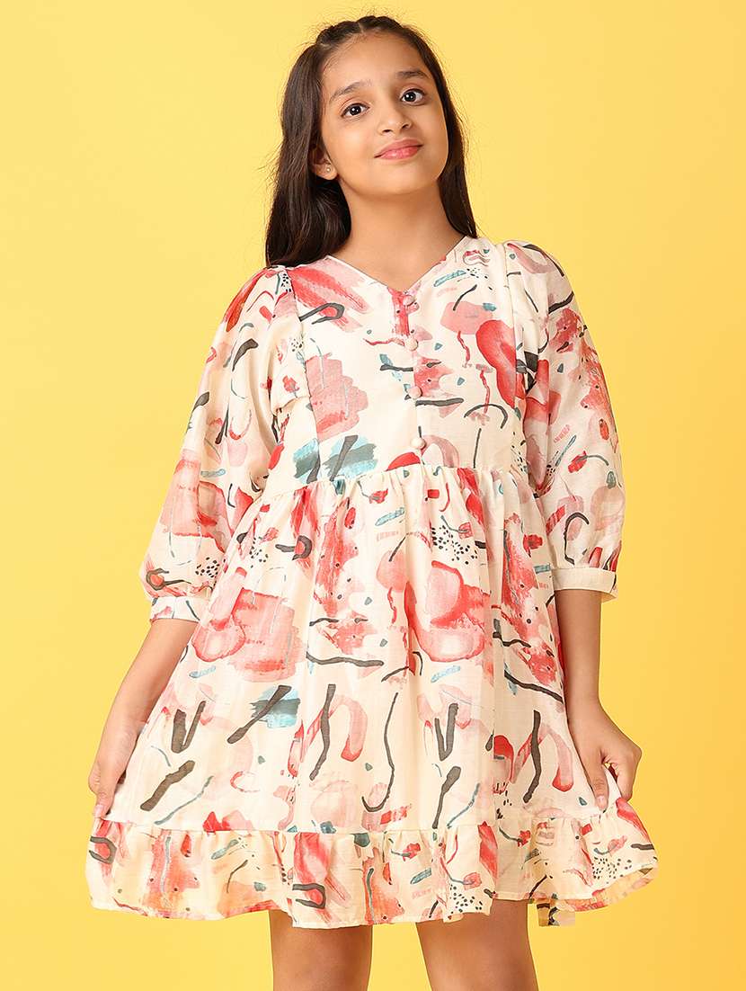 girls off white printed tiered dress