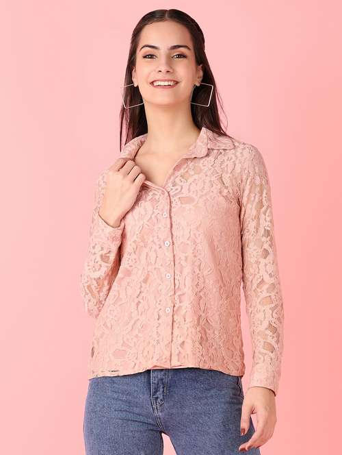 women peach lace detailed long sleeve shirt