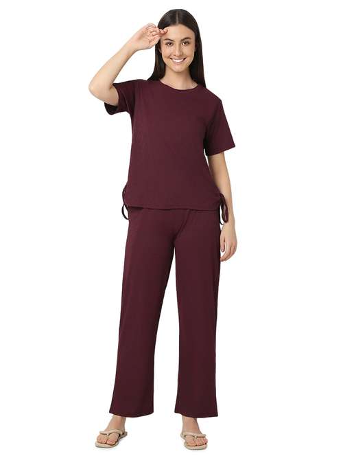 women burgundy cotton pyjama nightwear set - 21529263 -  Standard Image - 0