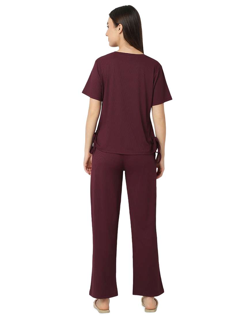 women burgundy cotton pyjama nightwear set - 21529263 - Standard Image - 3