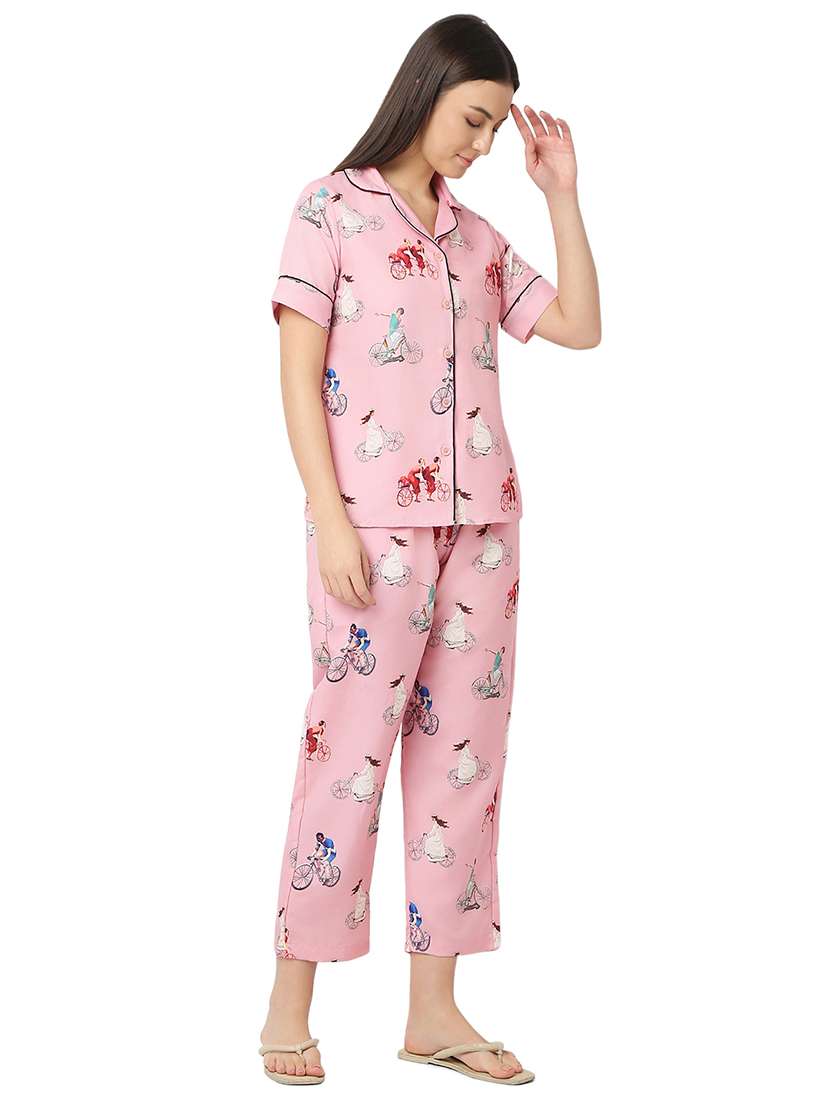 women pink cotton pyjama nightwear set - 21529281 -  Standard Image - 3