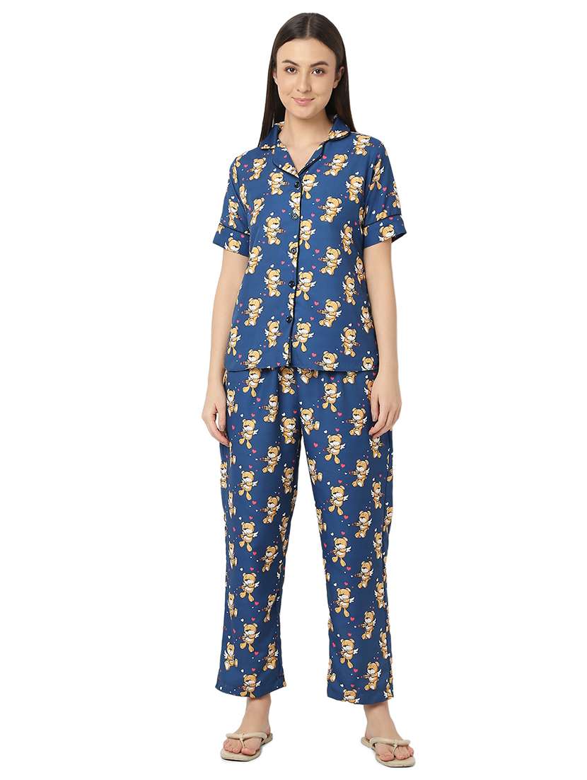 women blue cotton pyjama nightwear set