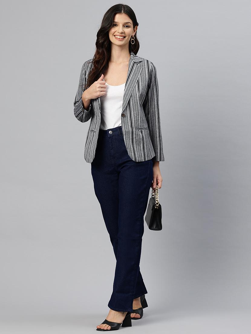 women striped long sleeve single breasted blazer - 21529701 - Standard Image - 3