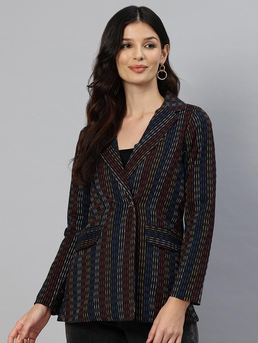 women striped long sleeve double breasted blazer - 21529706 - Zoom Image - 0