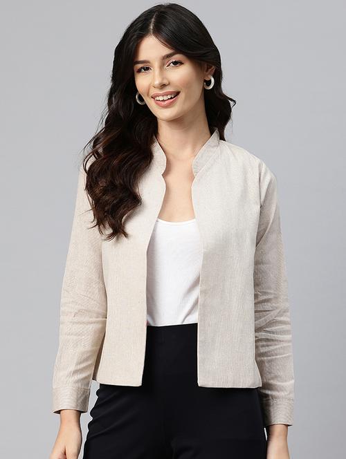 women solid long sleeve mandarin neck casual blazer - 21529722 - Standard Image - 0