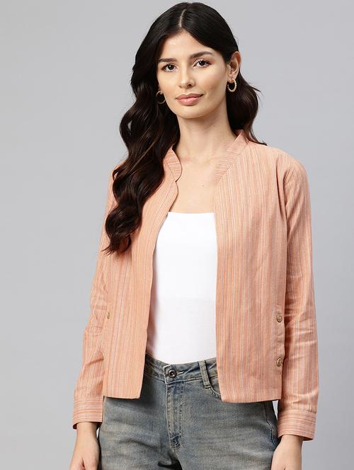 women striped long sleeve mandarin neck casual blazer - 21529723 - Standard Image - 0