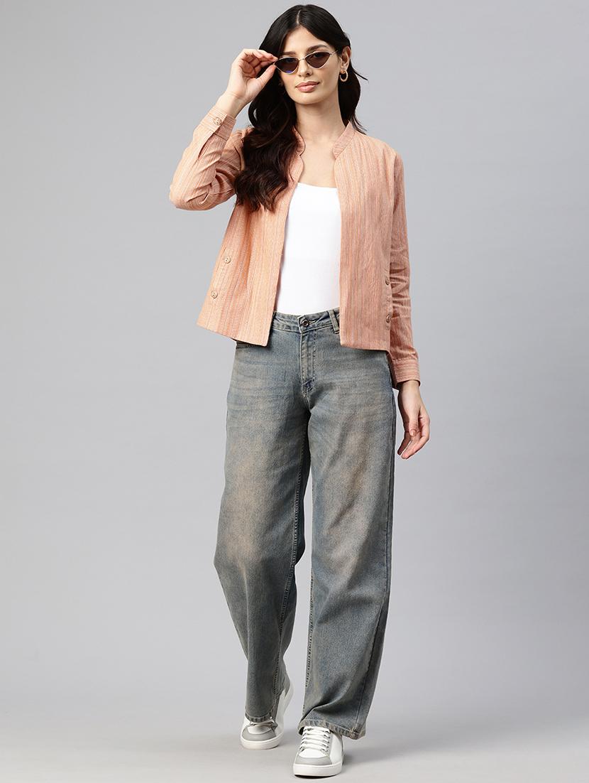 women striped long sleeve mandarin neck casual blazer - 21529723 - Standard Image - 3