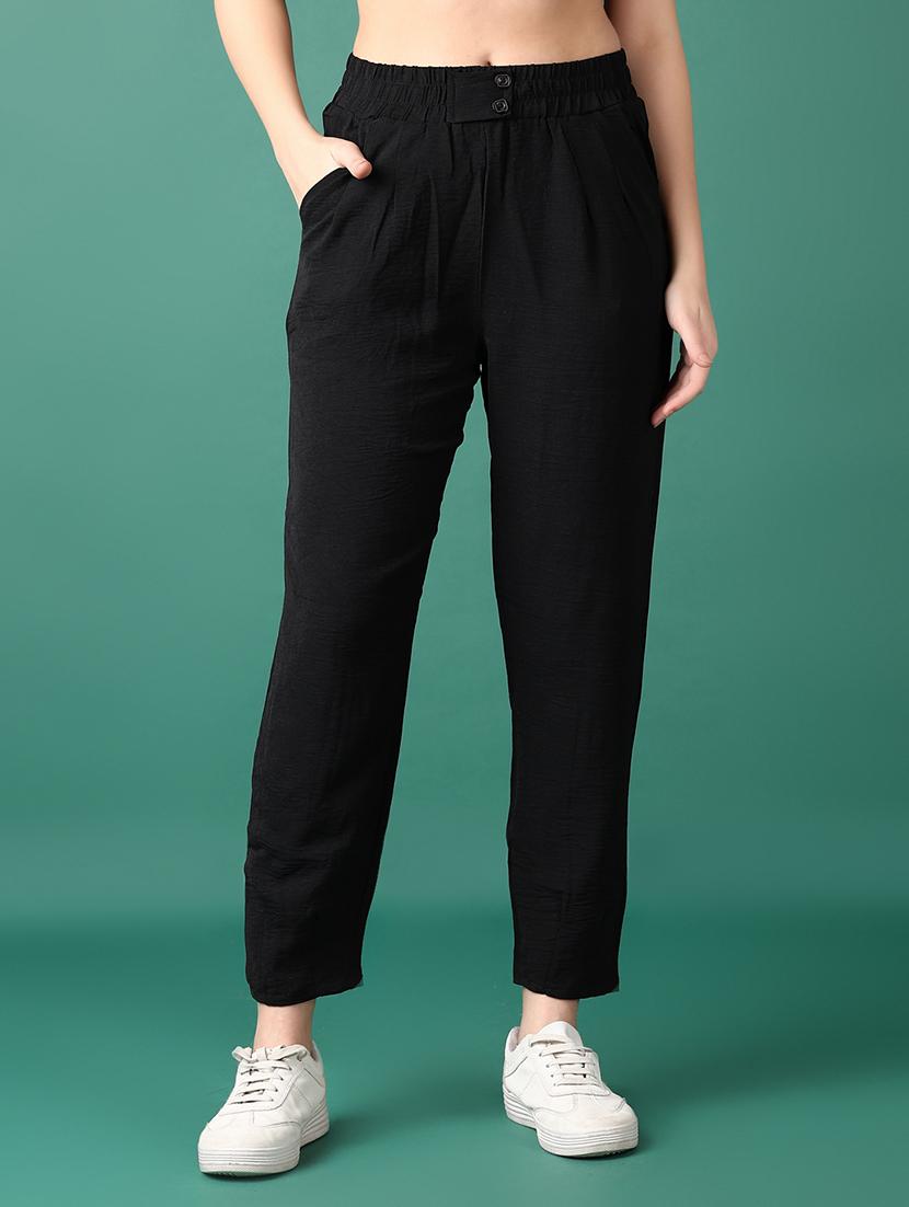 women black solid ankle length peg trousers