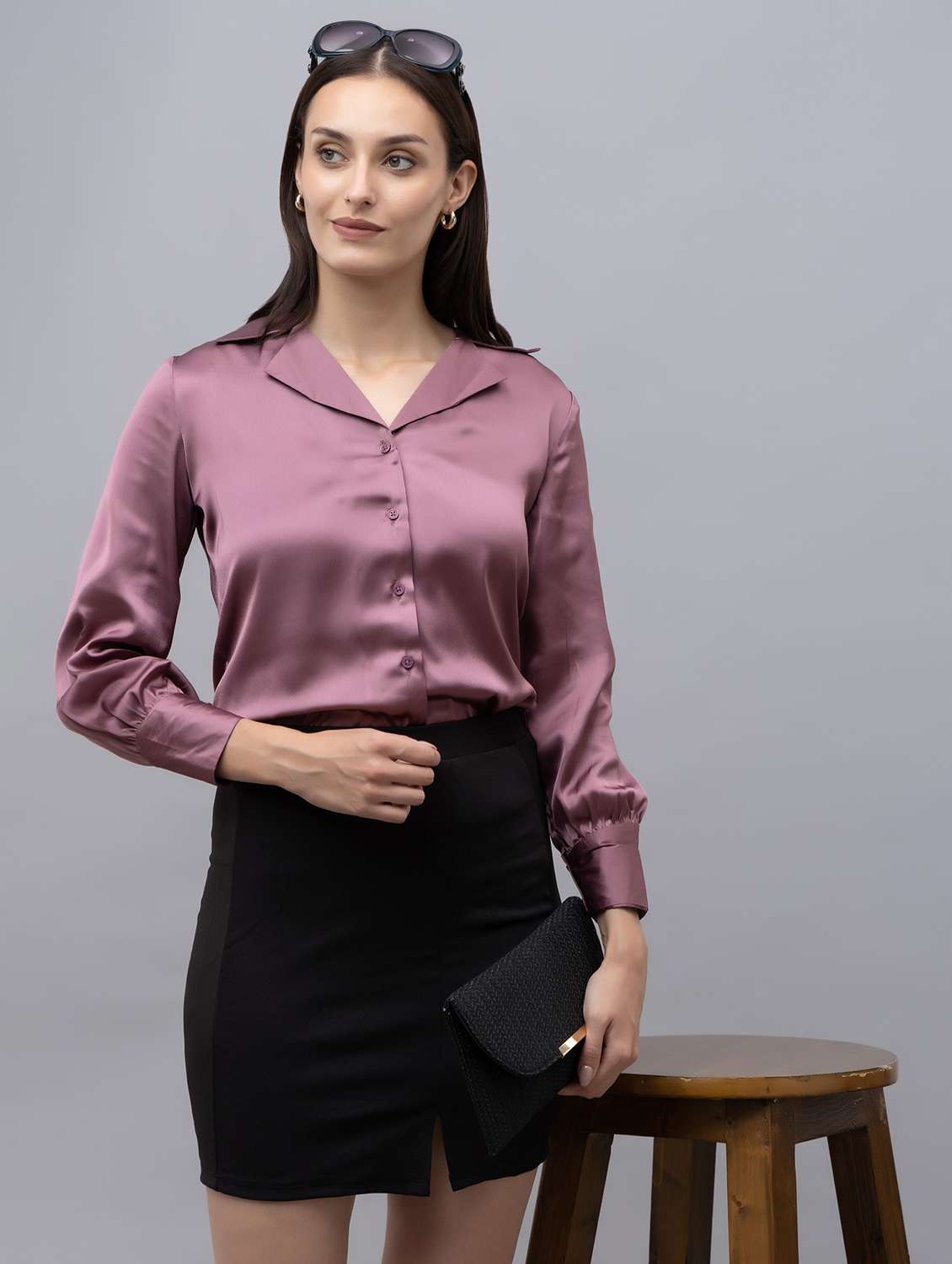 women purple satin regular shirt - 21529982 - Standard Image - 3