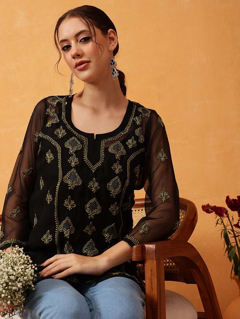 Women Black Chikankari Straight Kurti - 21530456 -  Standard Image - 3