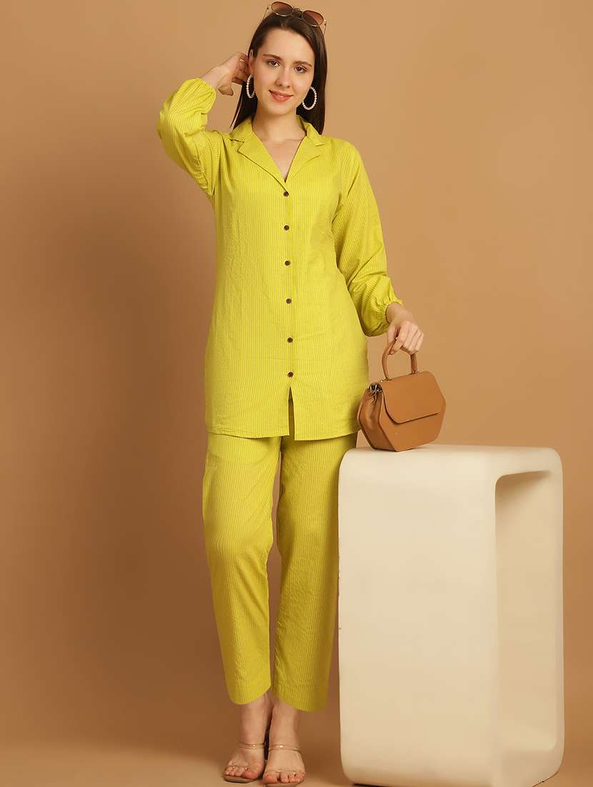 women lime solid shirt and trouser co-ord set