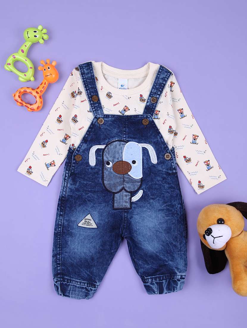 boys beige printed t-shirt & dungarees