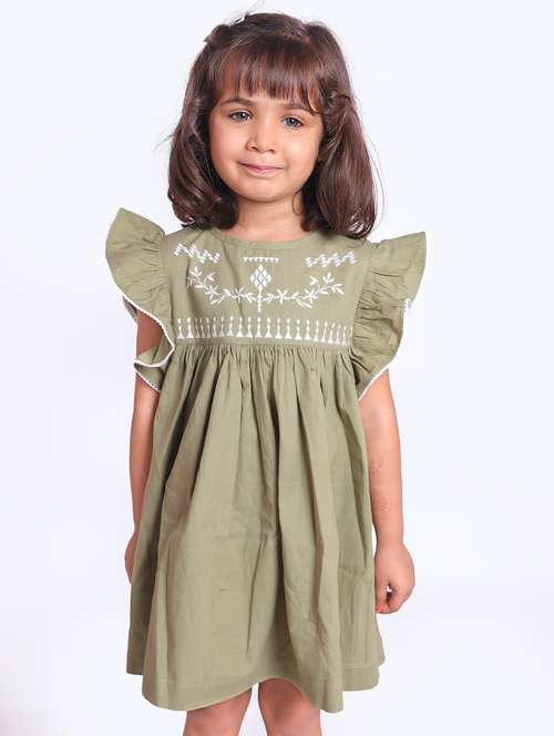girls green embroidered fit & flare dress - 21531686 -  Standard Image - 0