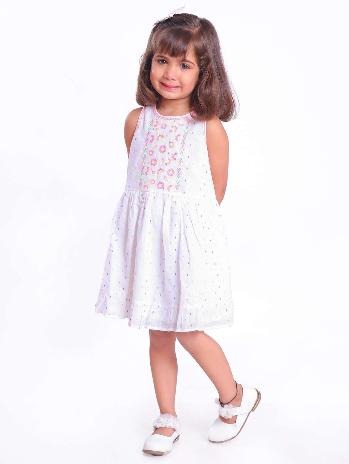 girls white embroidered fit & flare dress
