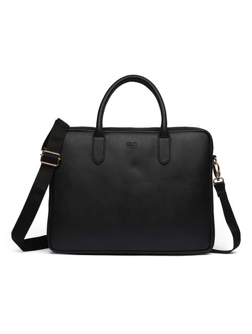 globus women black vegan leather 15 inch laptop bag with detachable strap & 2 inner pockets