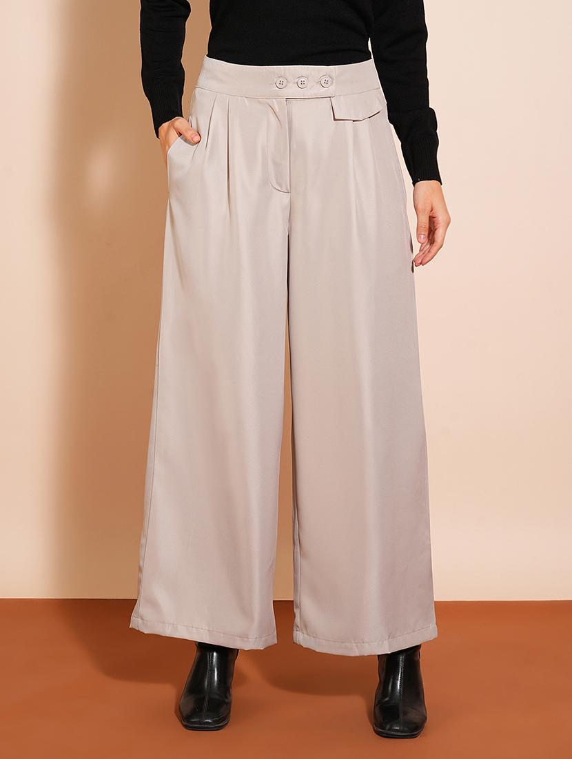 globus women ash grey solid high-rise pleated wide-leg workwear trousers - 21531798 - Zoom Image - 0