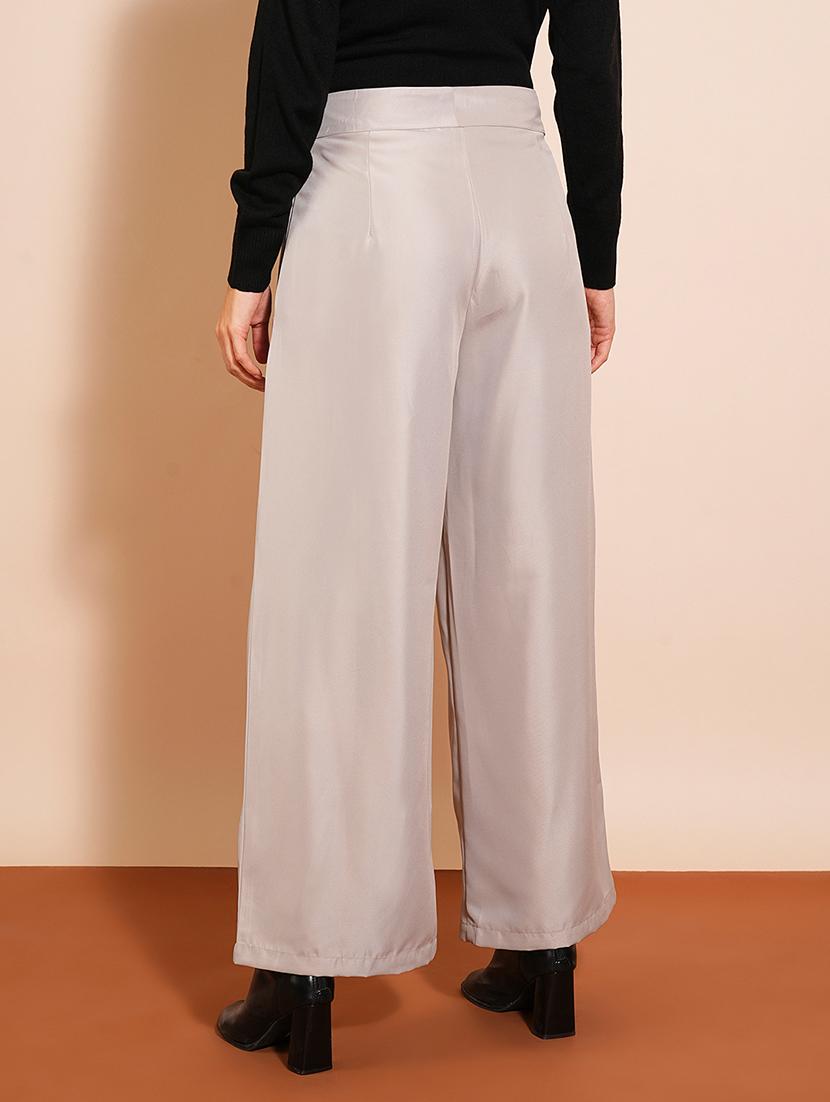 globus women ash grey solid high-rise pleated wide-leg workwear trousers - 21531798 - Standard Image - 3