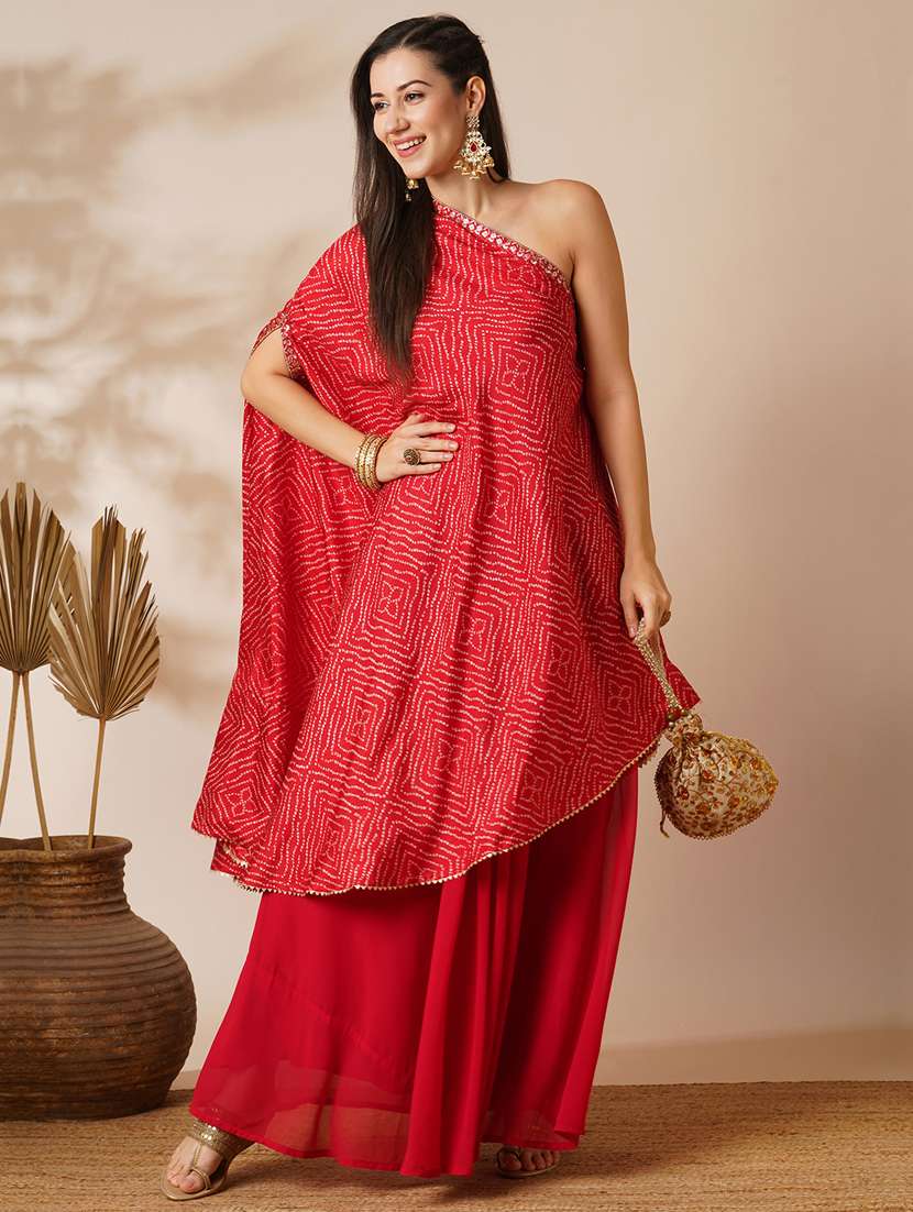 globus women red bandhani printed embroidered one shoulder tunic & georgette elasticated floor length skirt fusion co-ord set - 21531803 - Zoom Image - 0