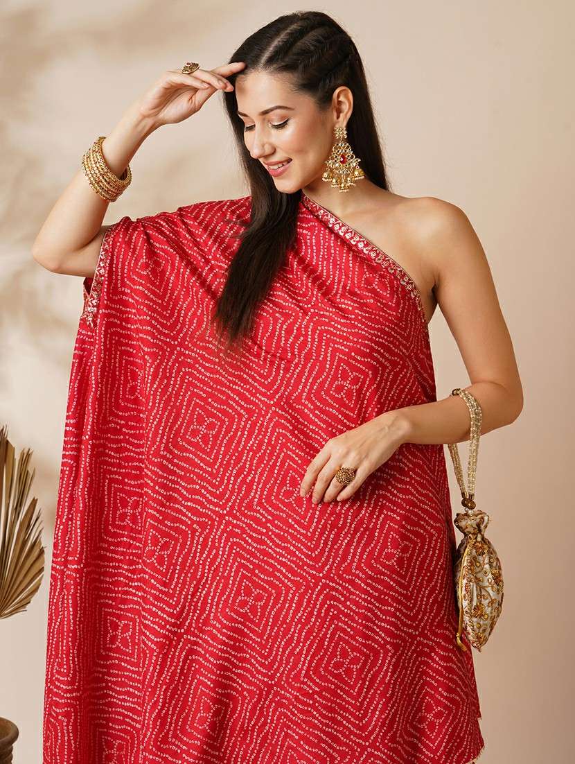 globus women red bandhani printed embroidered one shoulder tunic & georgette elasticated floor length skirt fusion co-ord set - 21531803 - Standard Image - 3