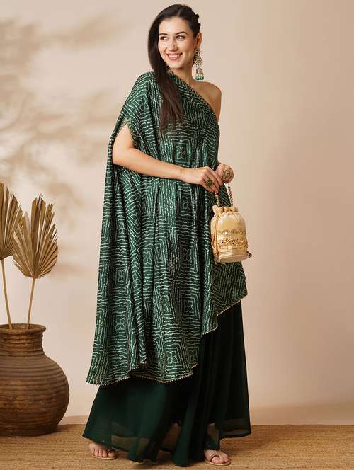 globus women green bandhani printed embroidered one shoulder tunic & georgette elasticated floor length skirt fusion co-ord set - 21531804 -  Standard Image - 0