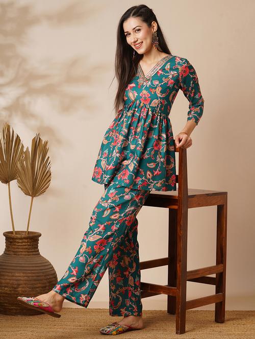 globus women green floral embroidered v-neck with tassel detailing a-line peplum tunic & ankle length pants fusion co-ord set - 21531805 -  Standard Image - 0