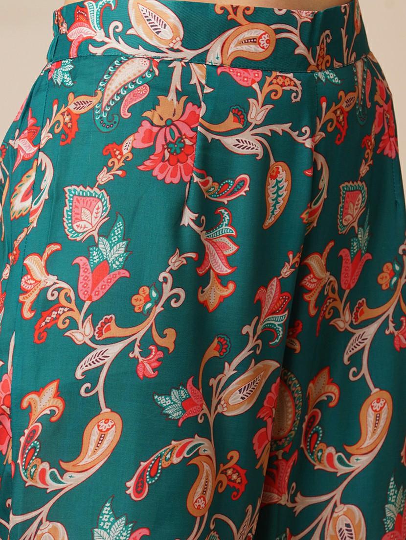 globus women green floral embroidered v-neck with tassel detailing a-line peplum tunic & ankle length pants fusion co-ord set - 21531805 - Standard Image - 5