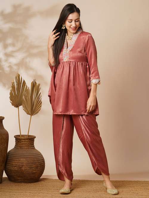 women pink overlapping sequined lace v-neck velvet peplum tunic & ankle length partial elasticated dhoti fusion co-ord set - 21531807 - Standard Image - 0