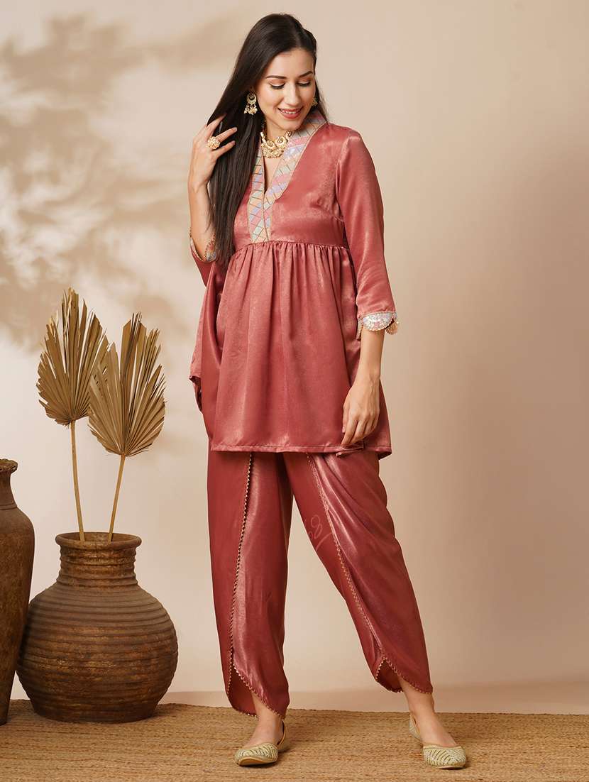 women pink overlapping sequined lace v-neck velvet peplum tunic & ankle length partial elasticated dhoti fusion co-ord set - 21531807 - Zoom Image - 0