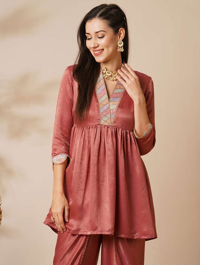women pink overlapping sequined lace v-neck velvet peplum tunic & ankle length partial elasticated dhoti fusion co-ord set - 21531807 - Standard Image - 3