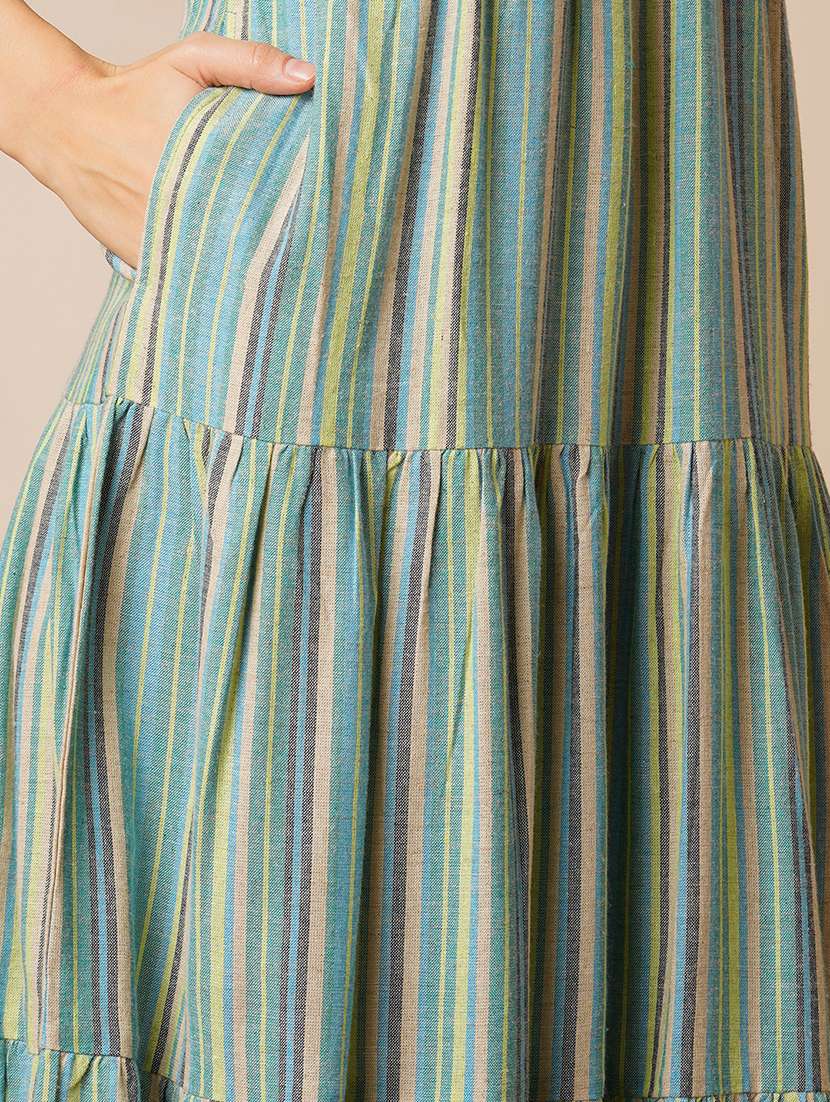 globus women green v-neck strappy shoulder floral embroidered mid-riff yoke striped tiered a-line midi fusion dress - 21531809 -  Standard Image - 5