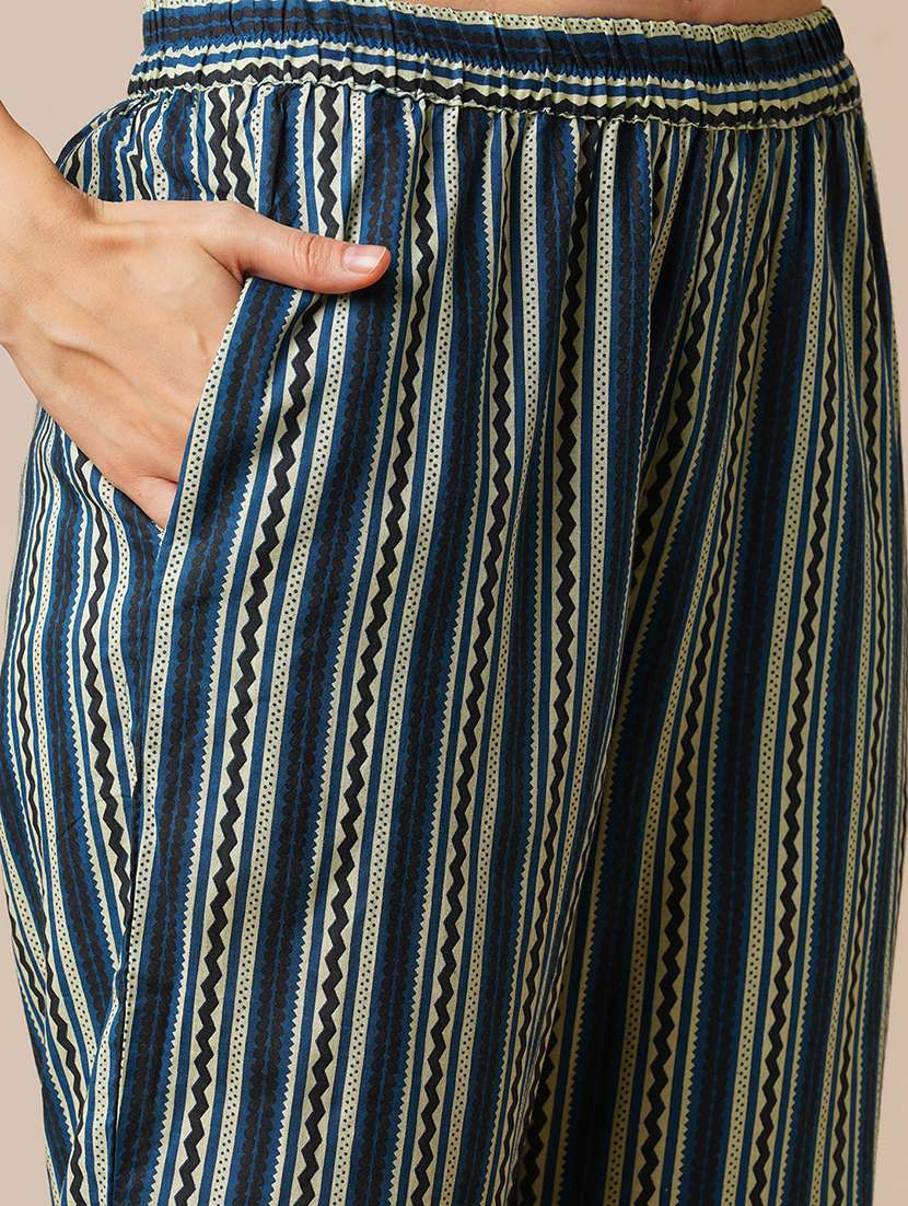 globus women blue tie-up strappy shoulder tassel detailing floral print straight kurta with striped pants fusion set - 21531814 -  Standard Image - 5