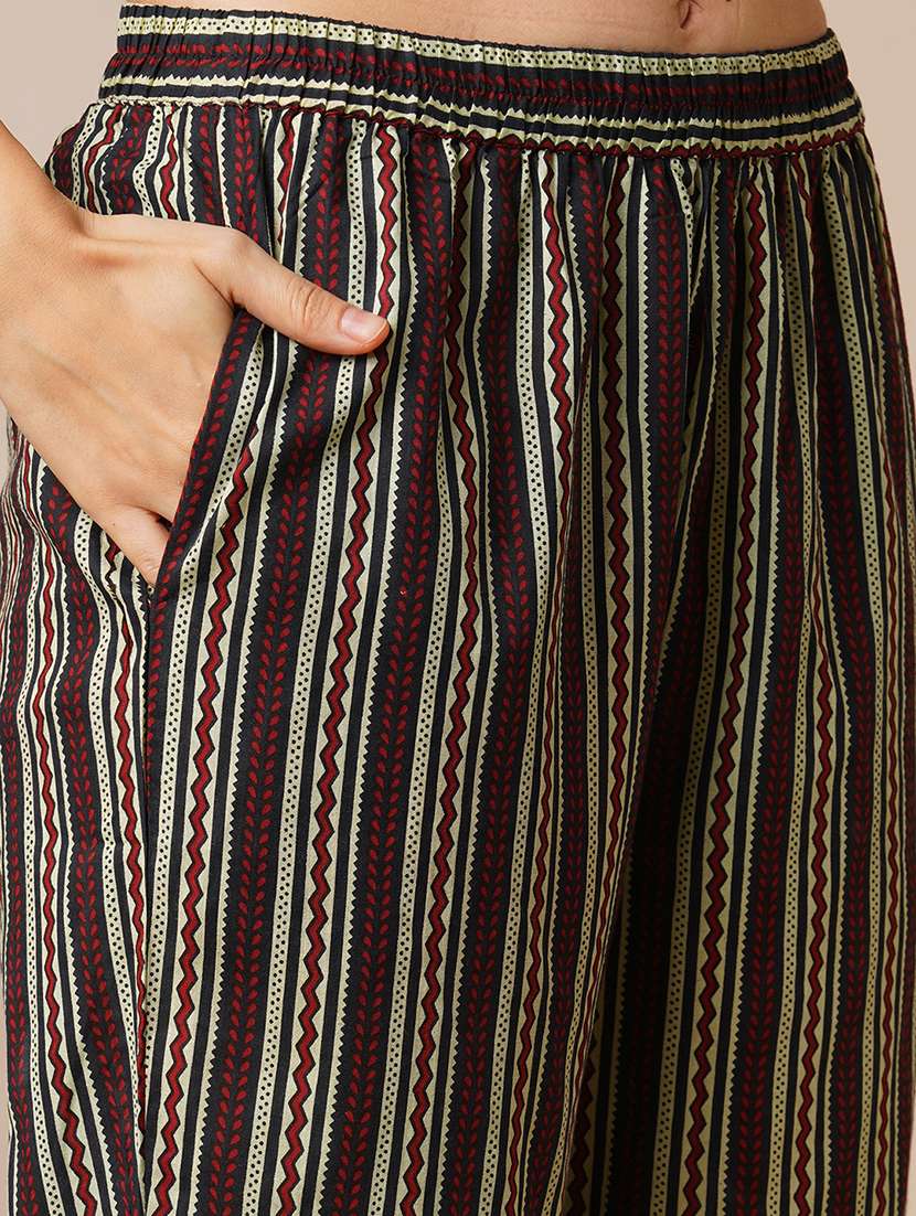 globus women maroon tie-up strappy shoulder tassel detailing floral print straight kurta with striped pants fusion set - 21531815 -  Standard Image - 5