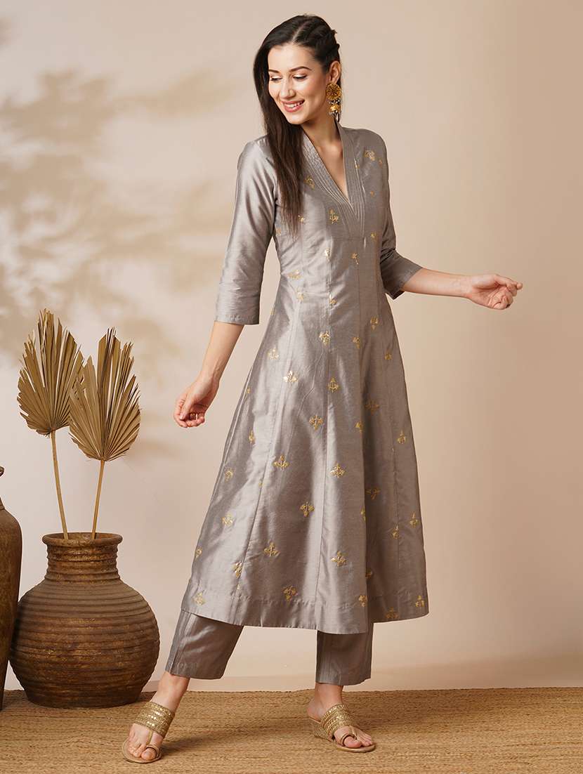 globus women grey v-neck gold zari embroidered panelled anarkali kurta with elasticated wide-leg pants festive set - 21531816 - Zoom Image - 0