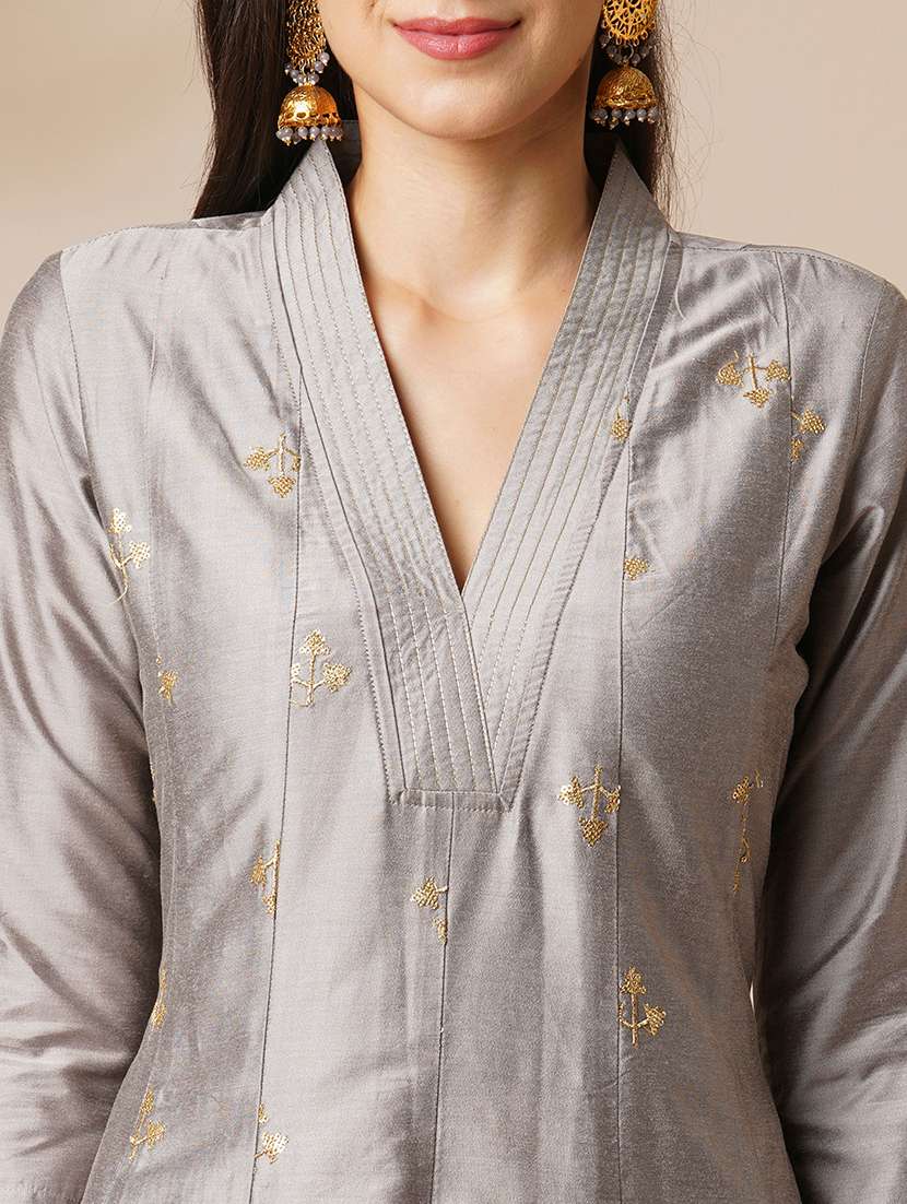 globus women grey v-neck gold zari embroidered panelled anarkali kurta with elasticated wide-leg pants festive set - 21531816 - Standard Image - 3